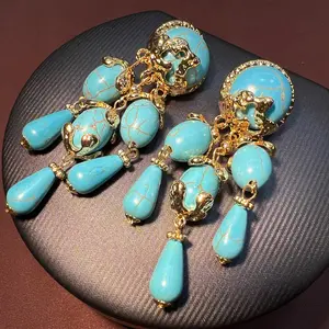 Vintage Turquoise Fringe Drop Earrings, Western Niche Design in S925 Gold-Plated, Premium Feel
