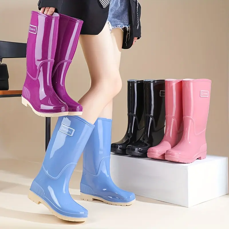 Women's High Top Rain Boots - Quality Non-Slip PVC Water Shoes, All-Seasons Solid Color, Round Toe, Mesh Lining, Comfortable Knee-High Footwear (Purple, Blue, Pink)