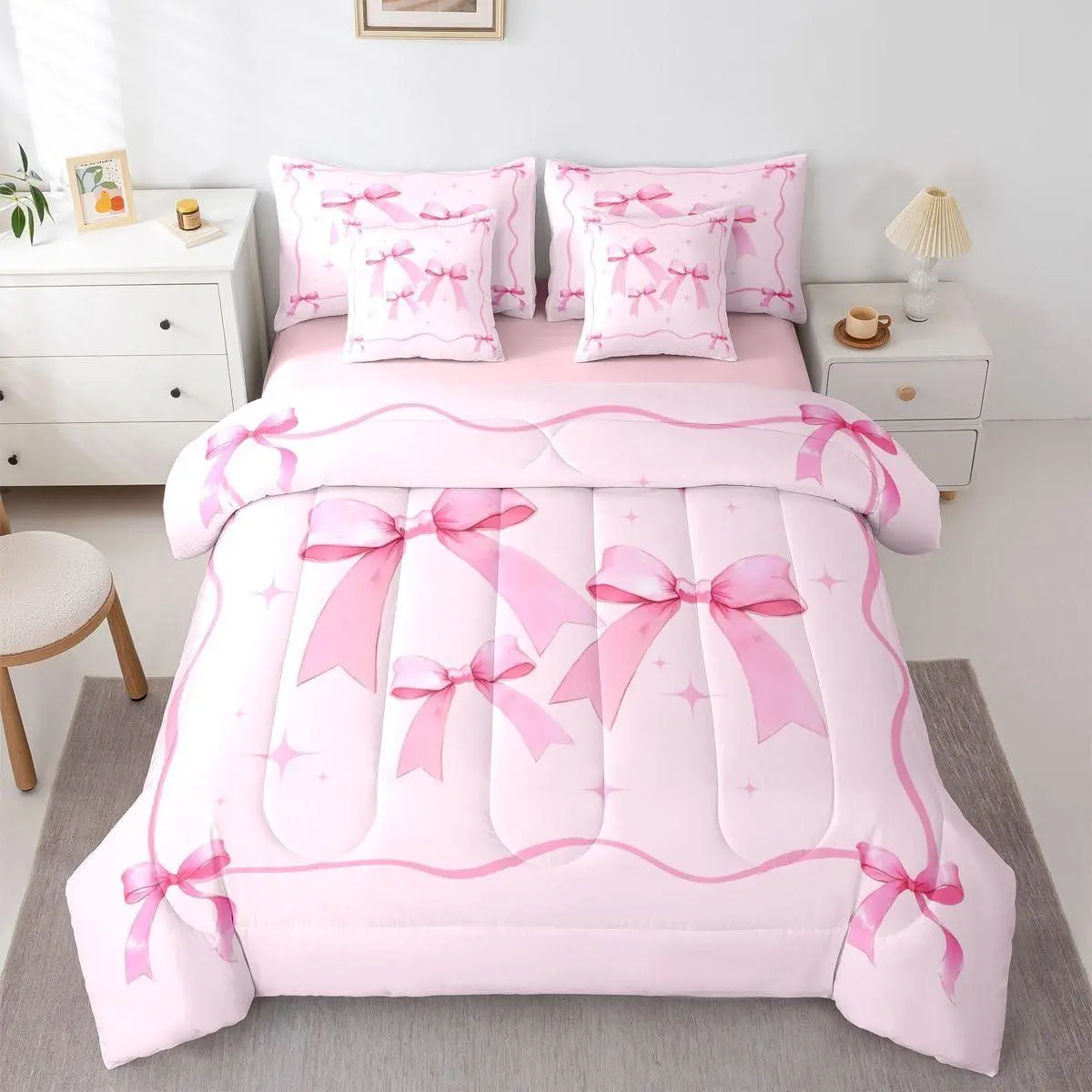 Feelyou 7-Piece Soft Breathable Bedding Supplies Set - Comforter, Soft Breathable Sheet, Pink Bow Ribbon Bed Linen for Kids, Kawaii Preppy Coquette Princess Bedding Set