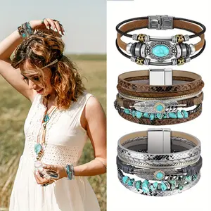 3Pcs Western Jewelry for Women Turquoise Bracelet Native American Jewelry Western Gift for Women Silver Bohemian Turquoise Cuff Bracelets