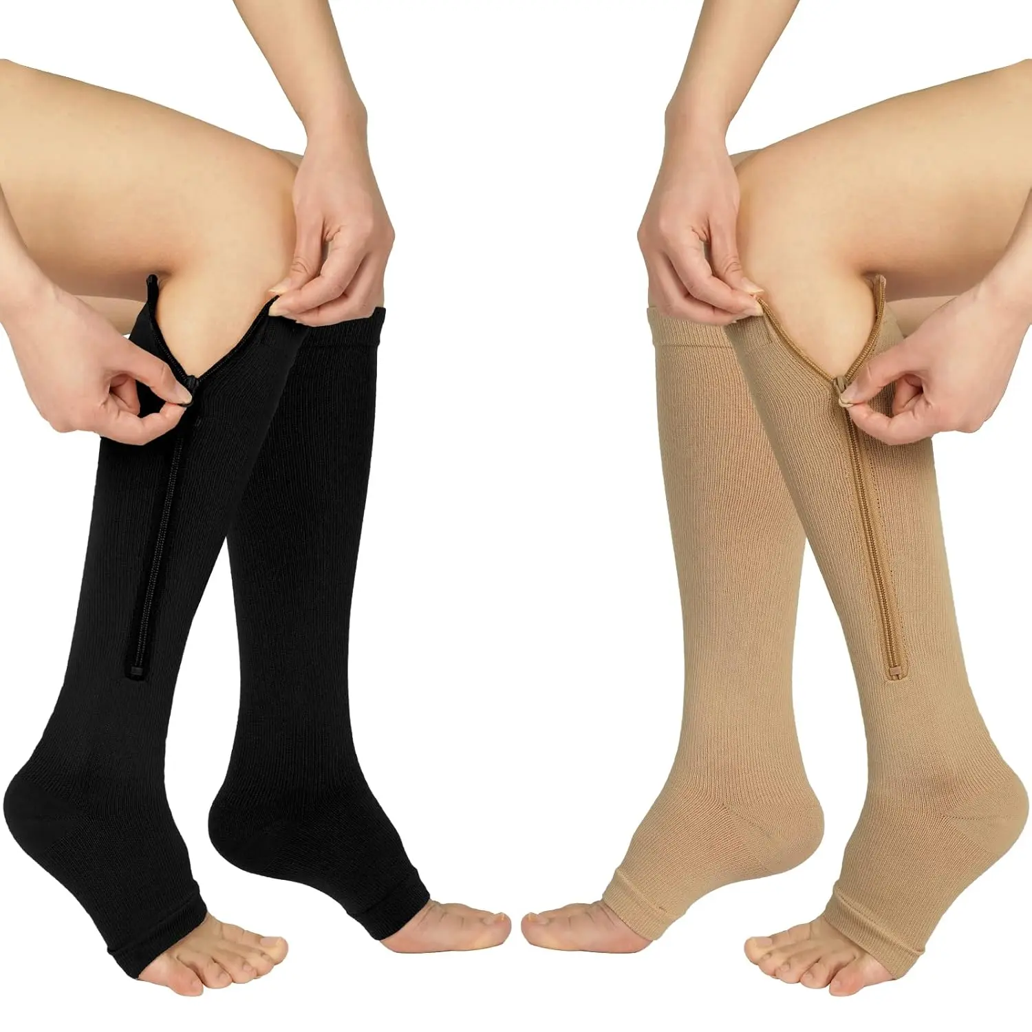 2 Pairs Open Toe Compression Stockings for Adults, 20-30mmHg Zippered Knee High Support for All Seasons Recovery, Running & Work, Knee Support Sports Socks, Arch Support