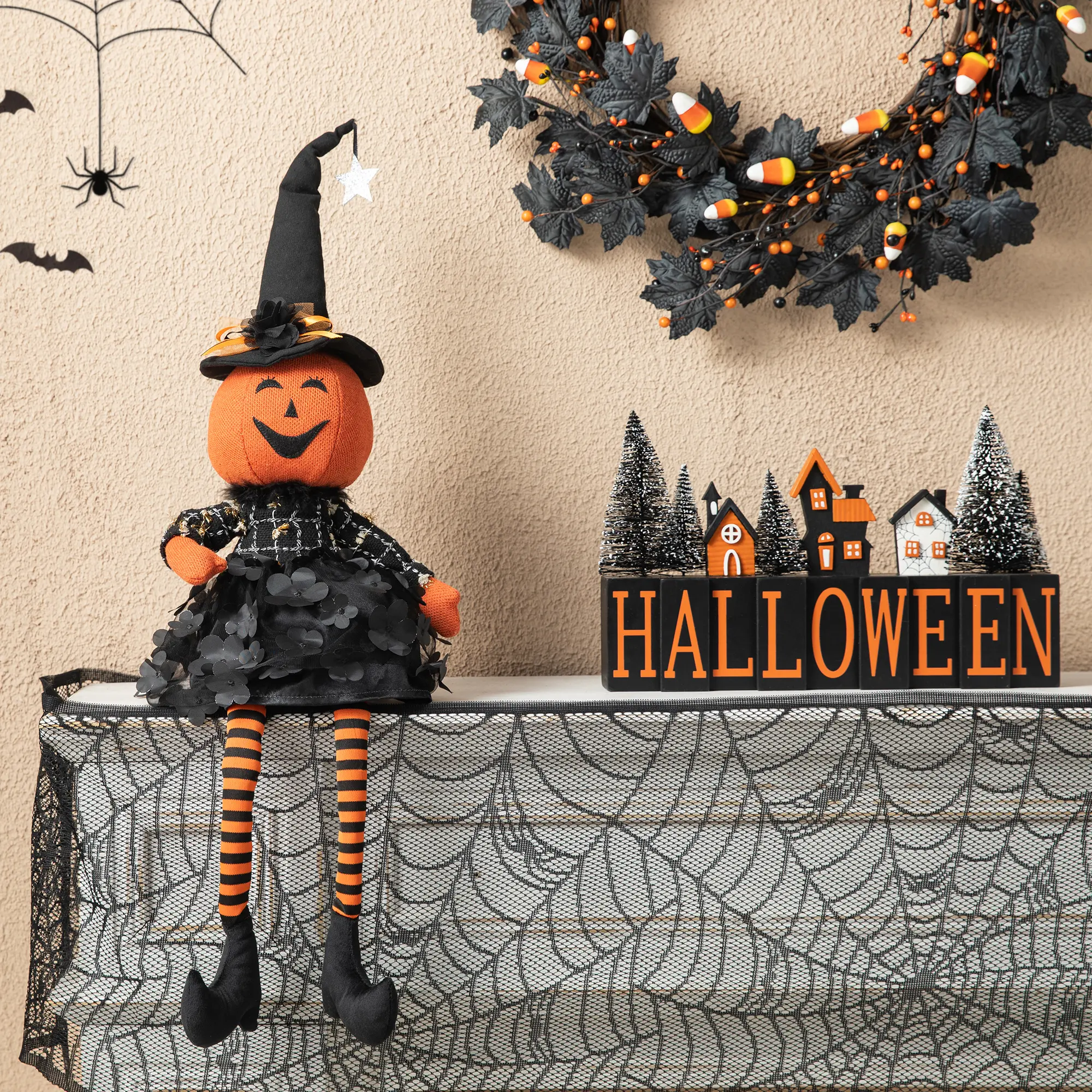 Glitzhome 30"H Fabric Dressed Halloween Pumpkin Sitter, Festive Home Decor, Table Centerpiece, Ideal Holiday Gift, Figurine Decor, Decor Ornaments