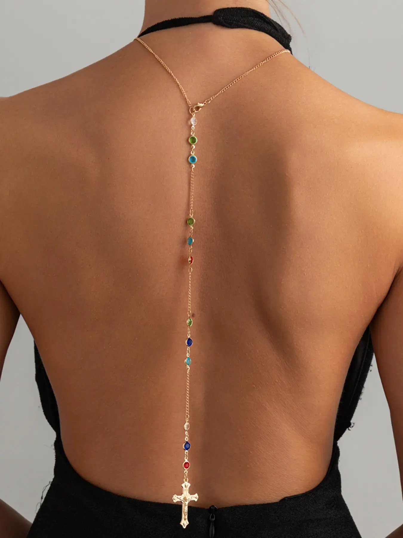 Cross Bead Back Body Chain for Women, Colorful Crystal Millennium Style Back Chain, Gothic Fashion Jewelry, Trendy Accessory, Statement Necklace, Bling Chain, Gothic Aesthetic, Chic Accessories, Fashionable Jewelry, Body Jewellery