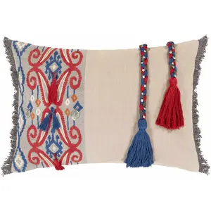 Rogerson Tassel Embroidered Beige Lumbar Pillow - Clearance