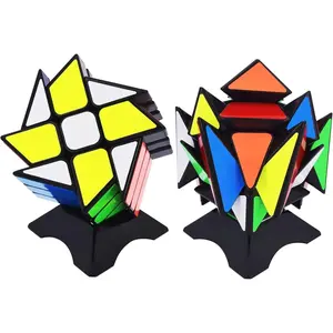 F-MTS22  Speed Cube Set of 2 Bundle Pack Windmill Cube Magic Puzzle, YJ Axis V2 New Version Fluctuation Angle Twisty Puzzle, Odd 3x3 Speedcubing with Bonus Stands Black