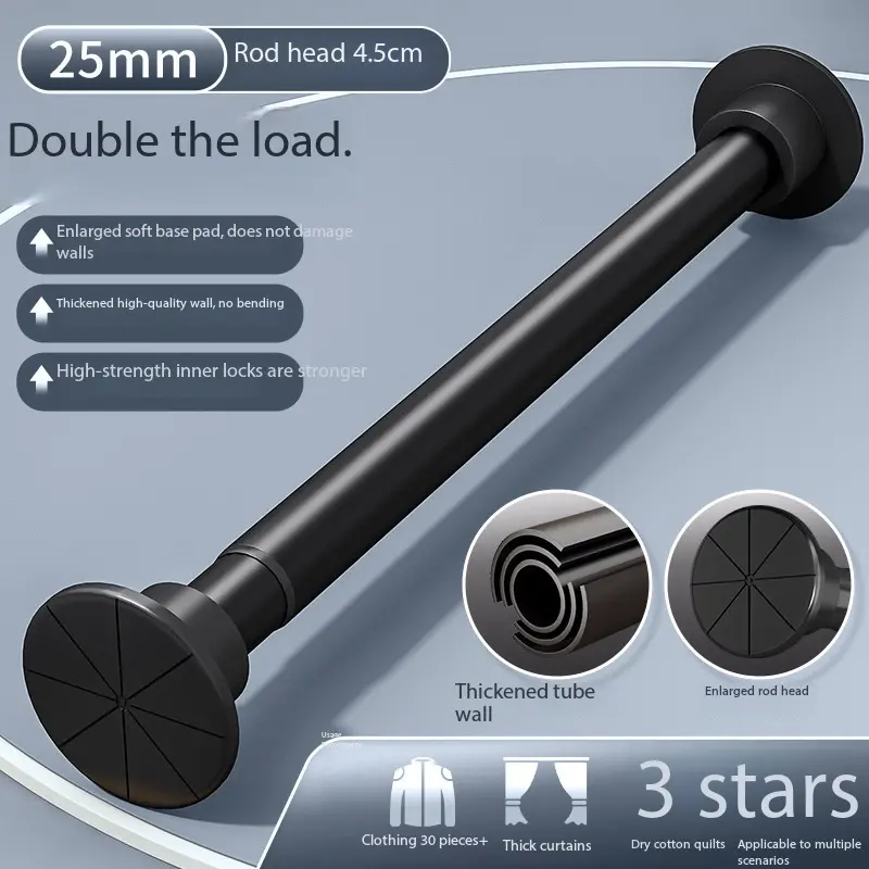 43.31–78.74in no-drill telescopic shower curtain rod, 25mm, thickened/reinforced for high load capacity, screwless installation that won’t damage walls, non-slip base, suitable as a shower curtain rod, clothes drying rod, and window blind rod, black