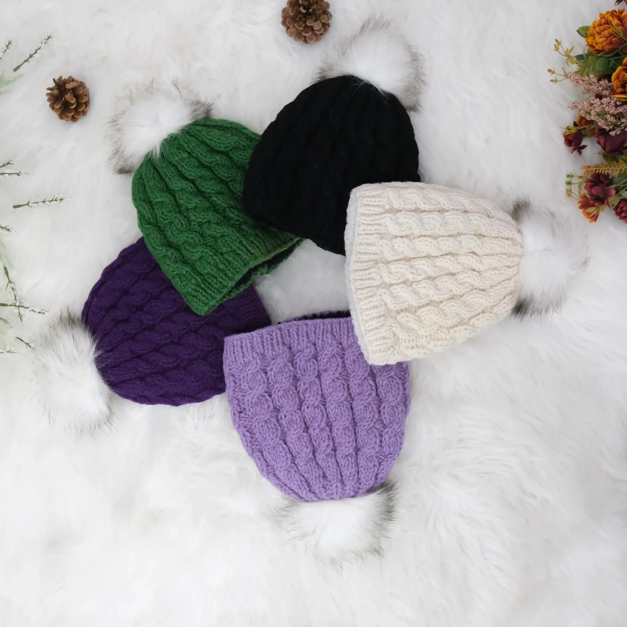 Knitted Fleece Lined Wool Hat with Pompom from Nepal, Faux Fur Hats, Crocheted Hat, Cable Knit, Unisex Beanie Hat, Warm Winter Chunky Hats