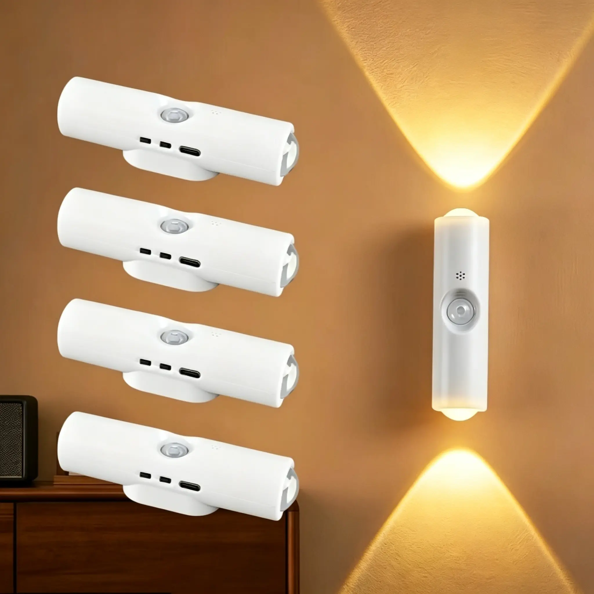 6PCS RGB Motion-Sensing Wall Spotlights — Wireless indoor wall lights with adjustable brightness; available in RGB and white light versions; USB-C rechargeable; smart night lights suitable for hallways and entryways.