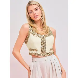 Cider [size 2-10] Sequin Solid Contrasting Binding Crop Jacket Vest Dealsforyou