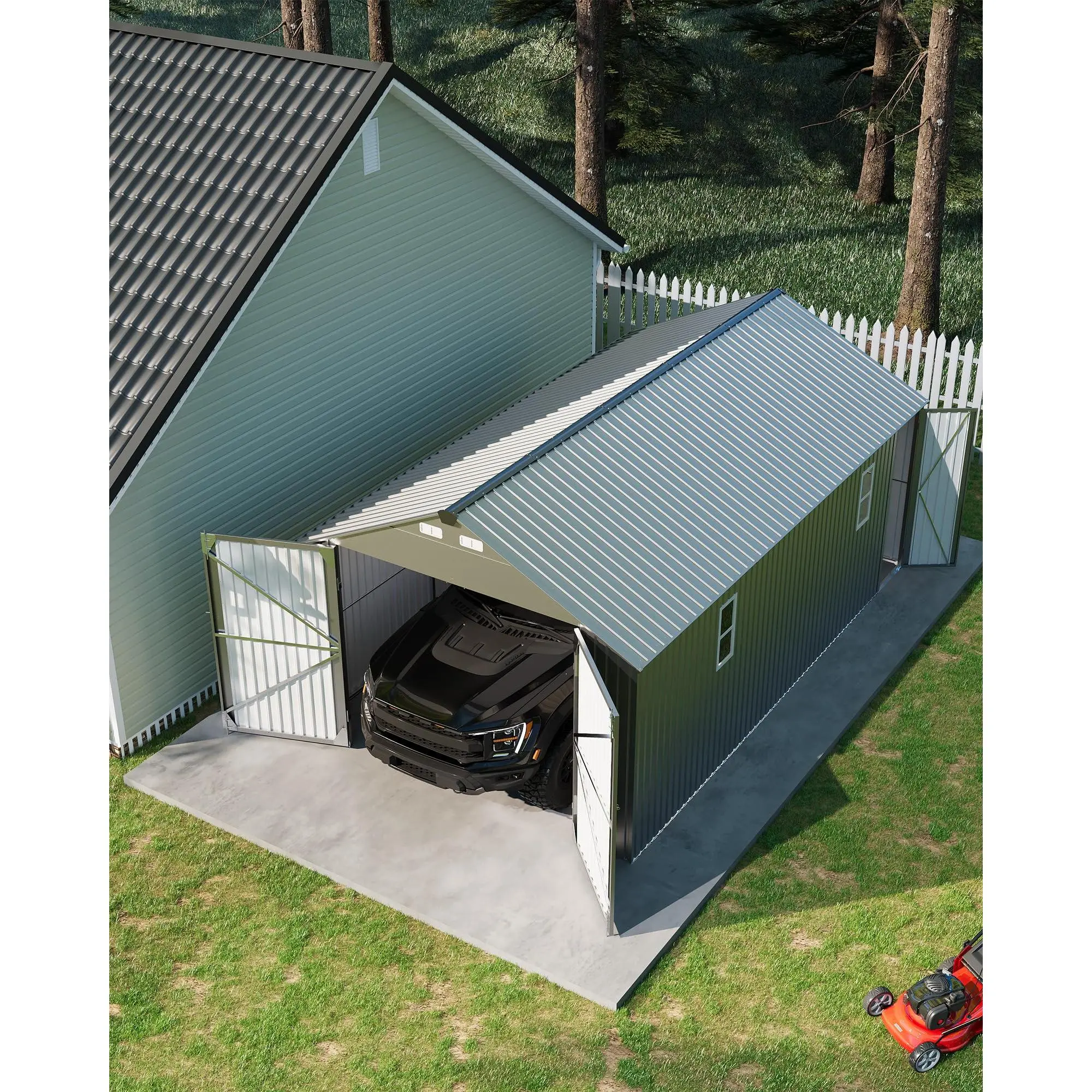 Gray 12x20 ft Enclosed Metal Carport with Vertical Steel Roof for All-Weather Use – Metal Garage Shed with Man Door for Full-Sized Pickup Trucks & SUV