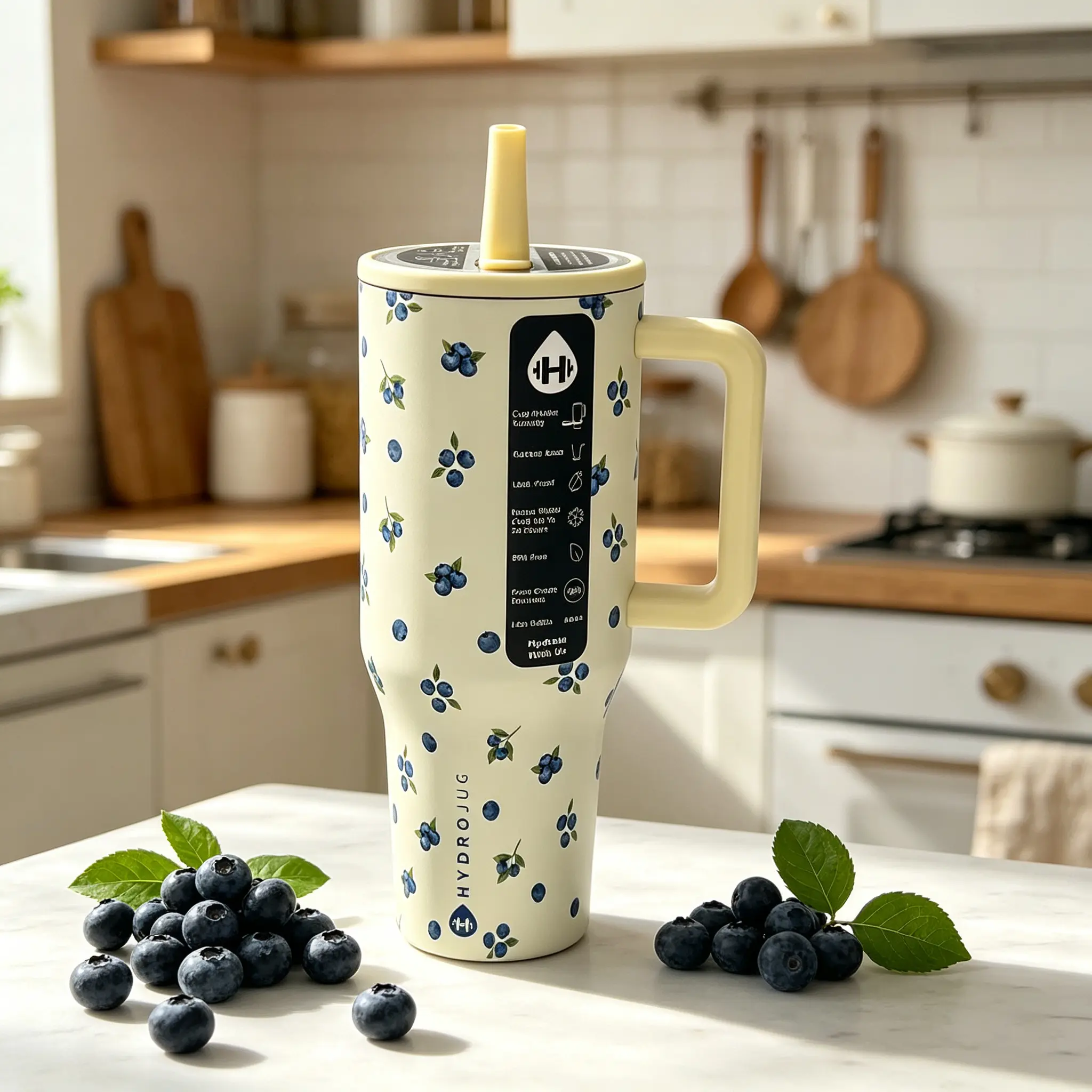 HydroJug 40oz Blueberry Vacuum Insulated Stainless Steel Flask - Portable, Reusable, Sturdy, Modern Drinkware with Handle, Straw, Leak-Proof Lid, Fits Most Car Cup Holders, for Women, Gym Hydration