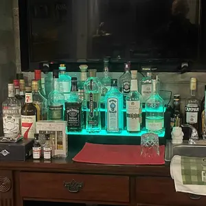 VEVOR LED Lighted Liquor Bottle Display,  , 2 Tiers 24 Inch Commercial Illuminated Home Bar Shelf, 2 Steps Whiskey Rack Stand, Acrylic Drink Shelves with RF Remote & App Control, and Multicolor lighting