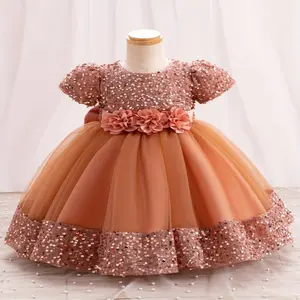 Gorgeous Sequin Flower Decor Puff Short Sleeve Tutu Dress Princess Dress Girls Kids Clothes Party Christmas
