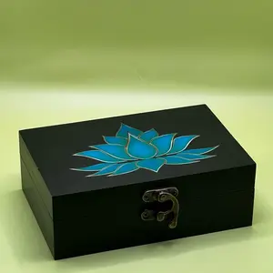 Chicago Custom Print Custom Memory Box - Lotus Flower with Hinged Lid, Black Finish, Soft Felt Lining, 4x6 Inches, Unique Design & Decorative Gift Organizer - Wooden Container Jewelry Case wooden box