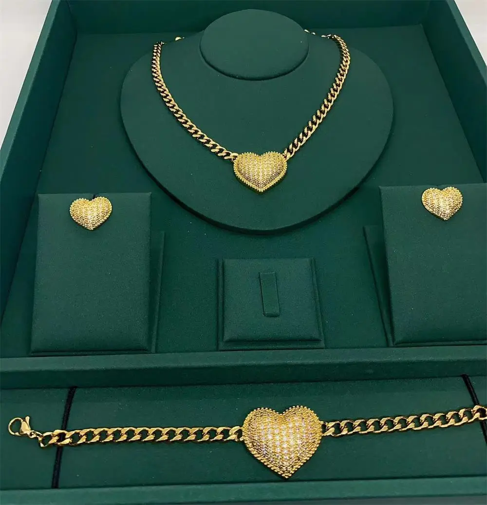 Female 3-Piece Bridal Jewelry Set - Big Heart Crystal Rhinestone Stainless Steel Necklace, Drop Earrings, Bracelet, Daily & Wedding Gift