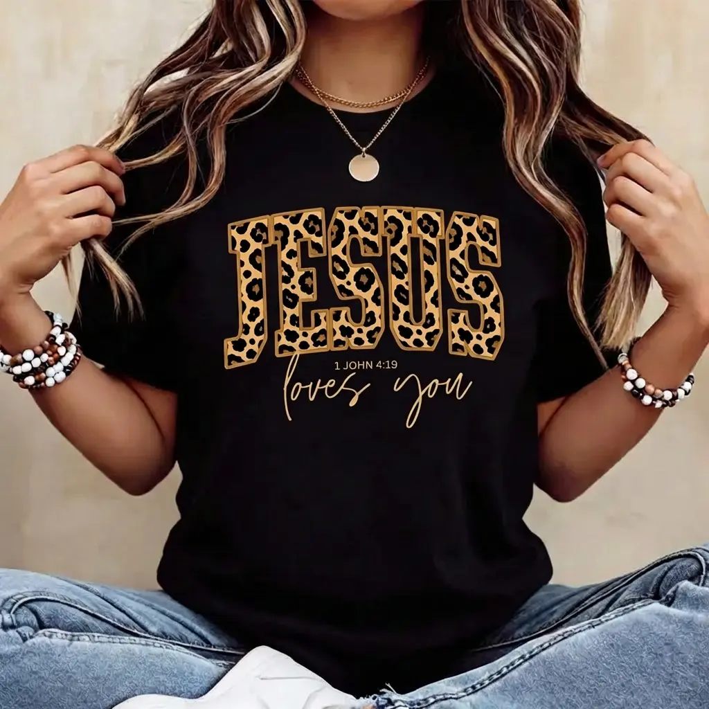 Women's Christian Cotton T-Shirt - Printed (Non-Textured) Jesus Loves You Leopard Graphic, Bible Verse Apparel, Casual Fit Streetwear Top