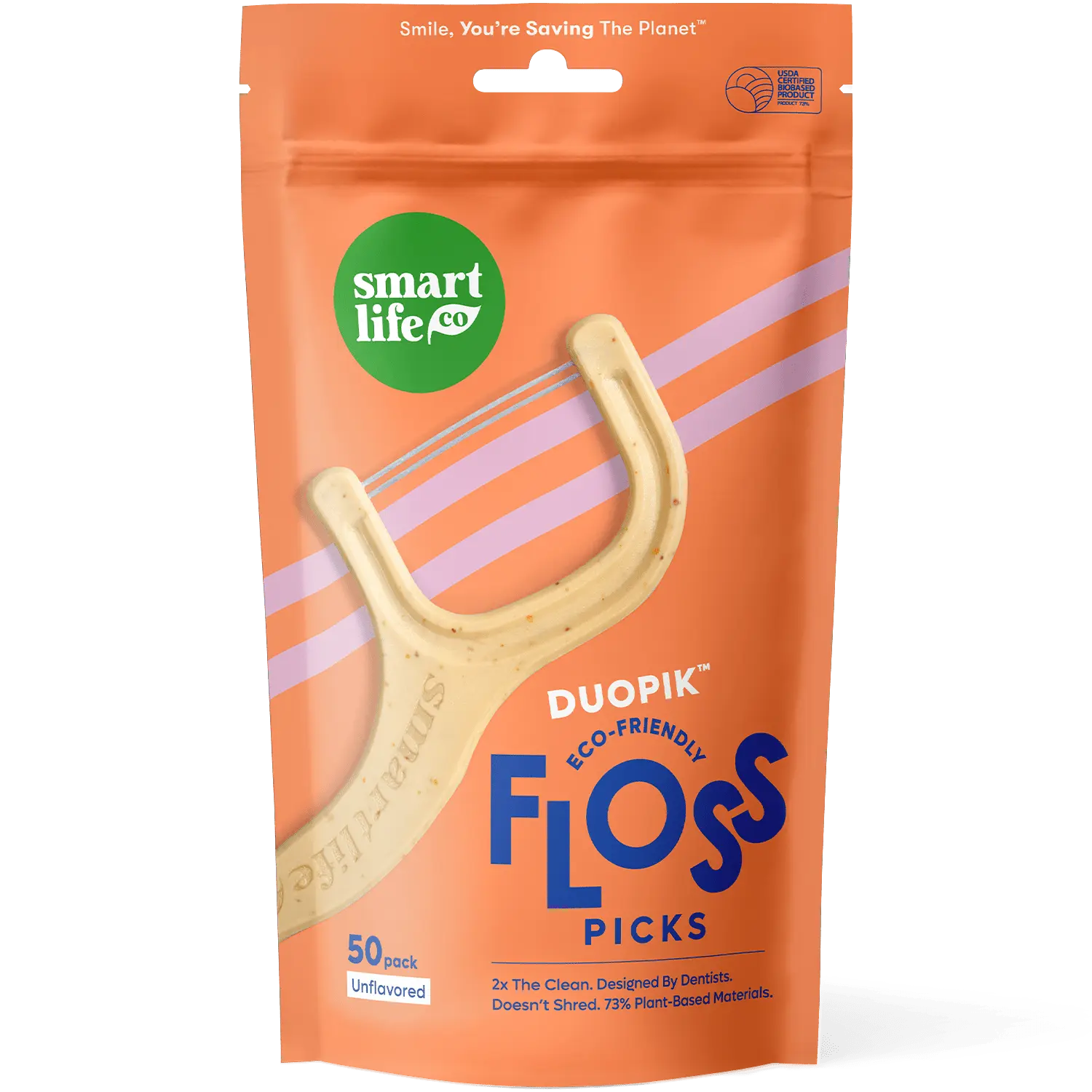 Eco-Friendly Floss Picks – Dual Thread, Anti-Shred Dental Flossers For Adults & Kids, Sustainable, Toothpick End, Vegan & PFA Free, Unflavored 50pk