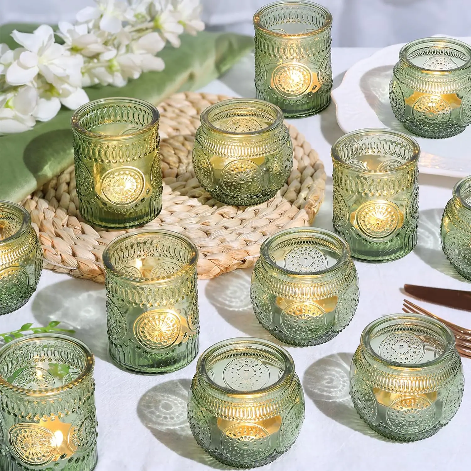 12-Piece Round & Straight Green Embossed Sunflower Synthetic Glass Votive Candle Holder Set - 2.1" Height Home Supplies, Dinner Party Table Centerpiece, Guest Gifts for Wedding