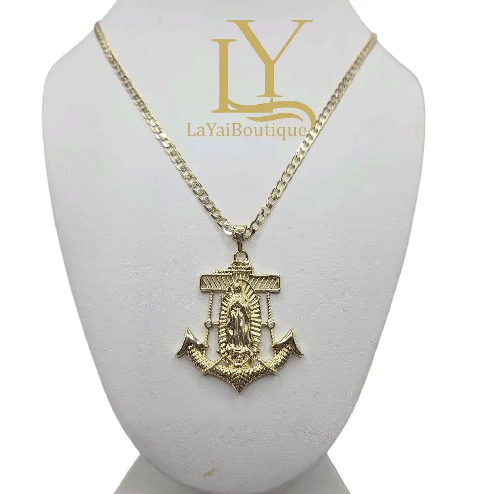 LaYaiBoutique #2316 necklace with anchor and Virgin pendant, 14k gold plated, High Quality