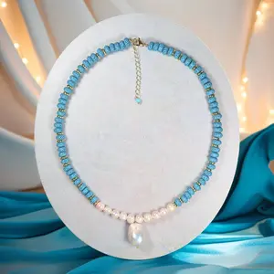 Blue Lava Stone and Freshwater Pearl Necklace