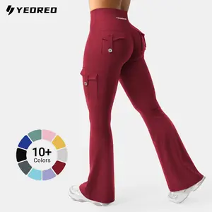 YEOREO CoreFlex Women's Workout Flare Leggings with Pockets Hidden Scrunch High Waisted Cargo Gym Yoga No Front Seam Leggings Flared Joggers Fitness Outfit Camouflage Sports Pants 75% Nylon 25% Spandex
