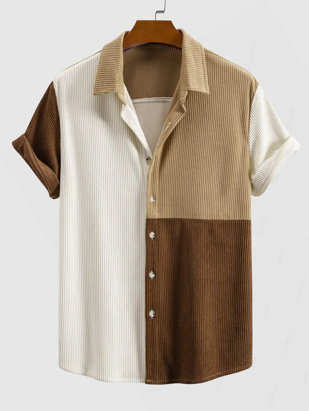 ZAFUL Men's Classic Patchwork Colorblock Shortleeve Shirt - Regular Fitted, Soft Stretch Corduroy, Breathable Retro Cool Brown Button-Down, Wardrobe Staples for Daily Wear