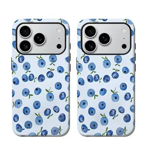 Watercolor blueberry pattern, durable and shock-absorbing glossy 2-in-1 phone case, suitable for iPhone 17 16 15 14 13 12 11 X, Samsung and other series models, can be given as a holiday gift to friends or home