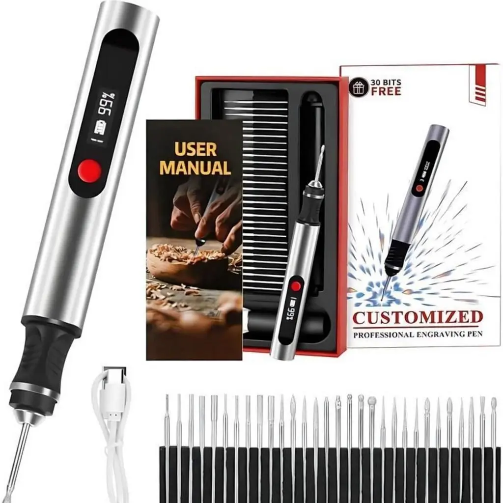 Professional USB-C Fast Charging Engraving Pen, 30 Free Diamond Bits Set, 3 Speed Settings (8000-21000 RPM), Batteries, Easy-to-Use Design for Personalized Gifts & Practice Canvases