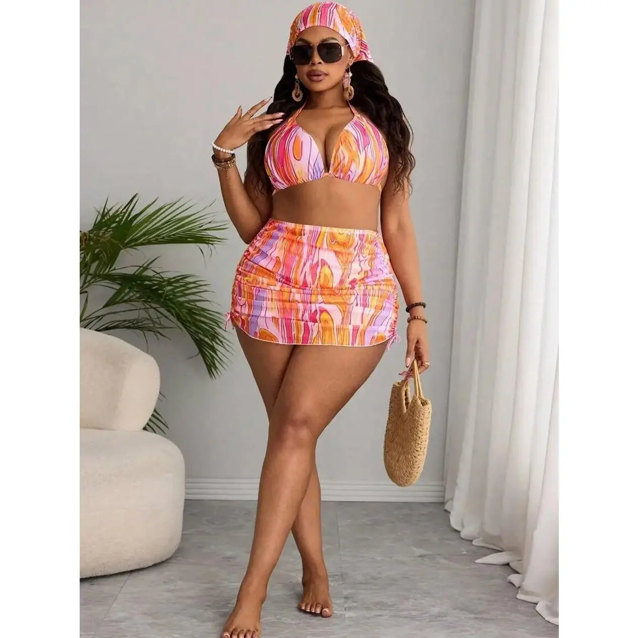 Women's Plus Size 3-Piece Marble Print Halter Triangle Swimsuit Bikini Set - Matching Drawstring Ruched Skirt, Tummy Control Curvy Beachwear, Plus Size Fashion Swimwear
