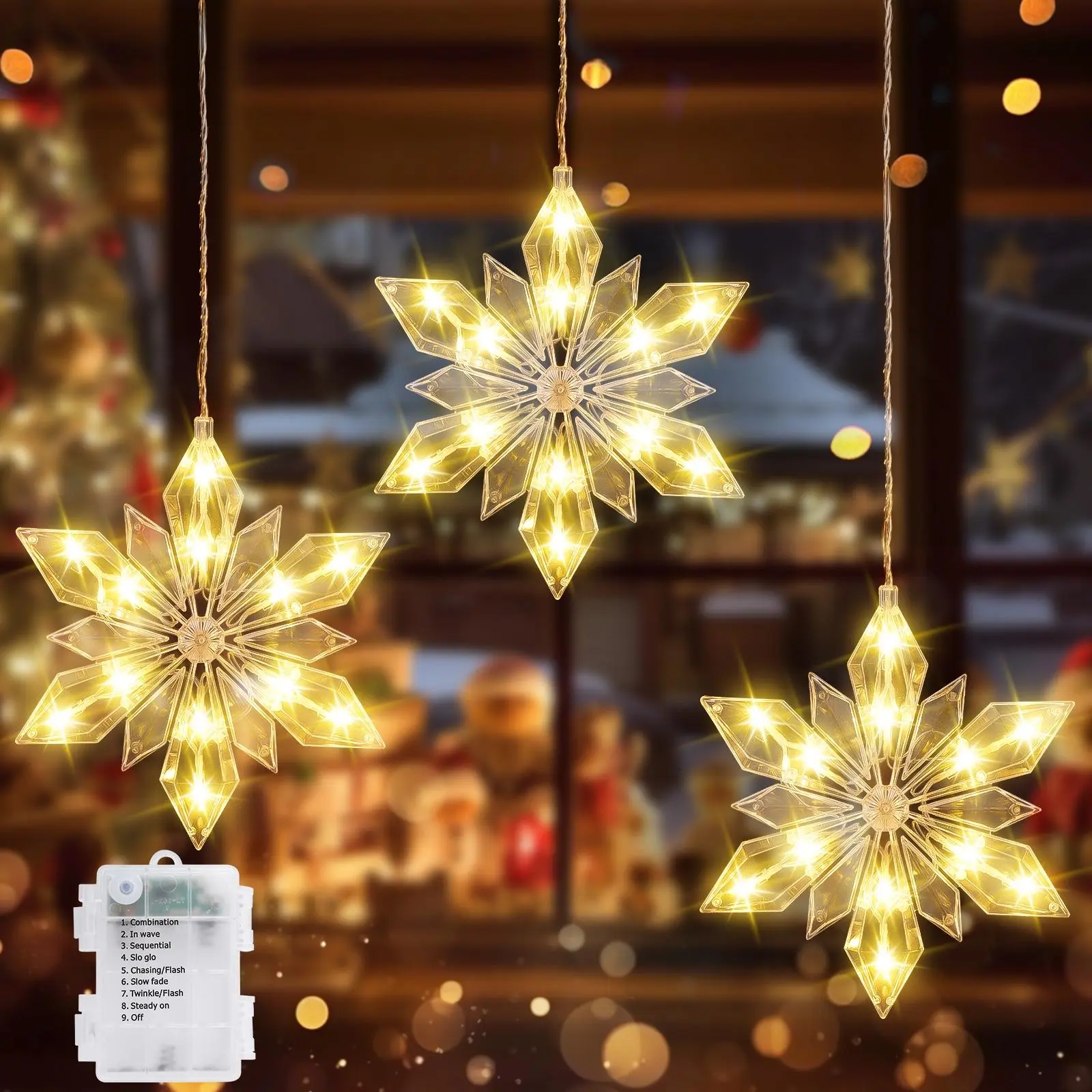 Christmas Snowflakes Window Curtain Lights 3Pack 36LED Battery Powered 8 Twinkle Modes Timer Memory Crystal Clear Ornaments for Indoor Outdoor Holiday Xmas Wedding Party Decoration