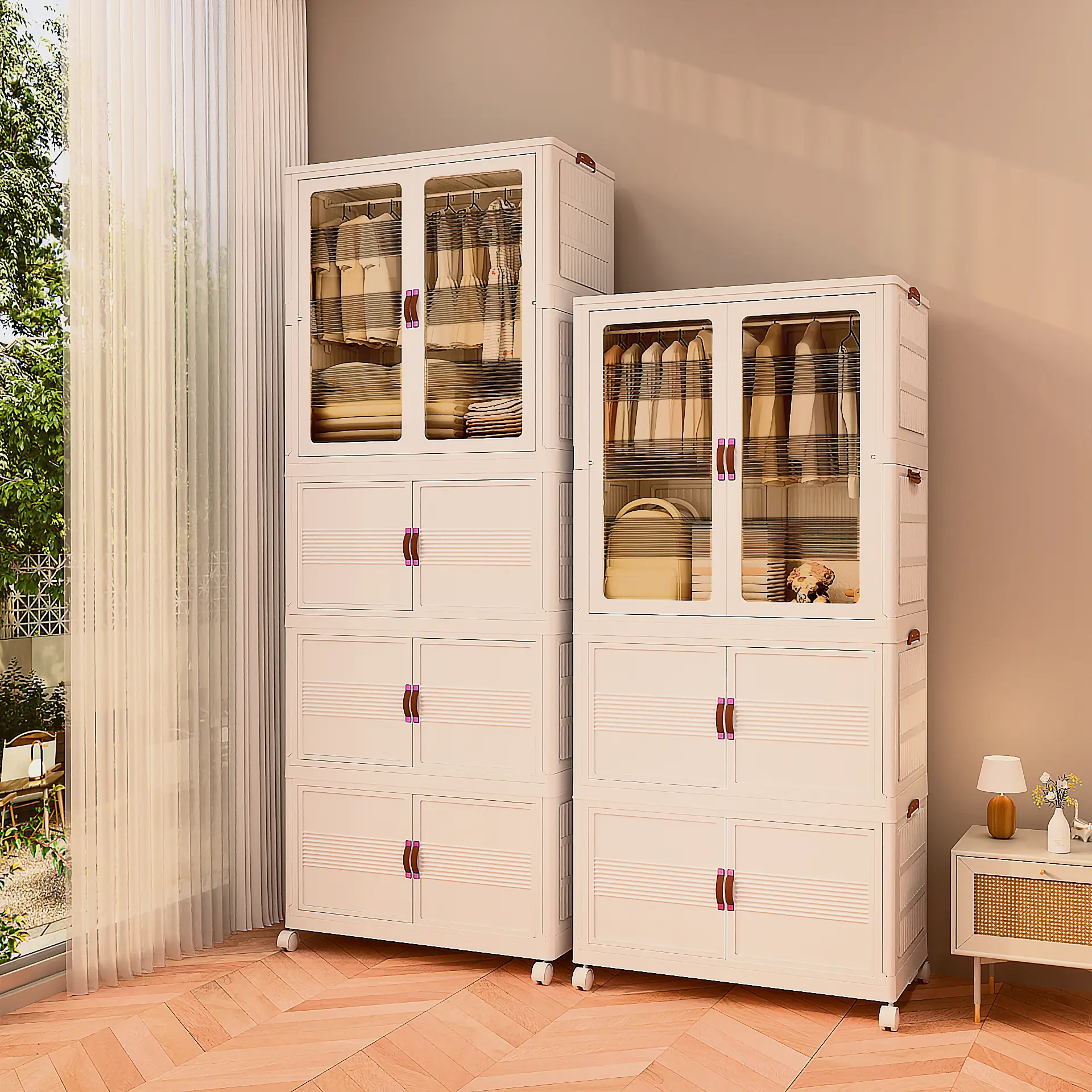 Classic Rectangular PVC Foldable Plastic Wardrobe - Single Unit Space-Saving Closet Organizer with Magnetic Doors, Lockable Wheels - Storage Cabinet for Bedroom Clothing/Items