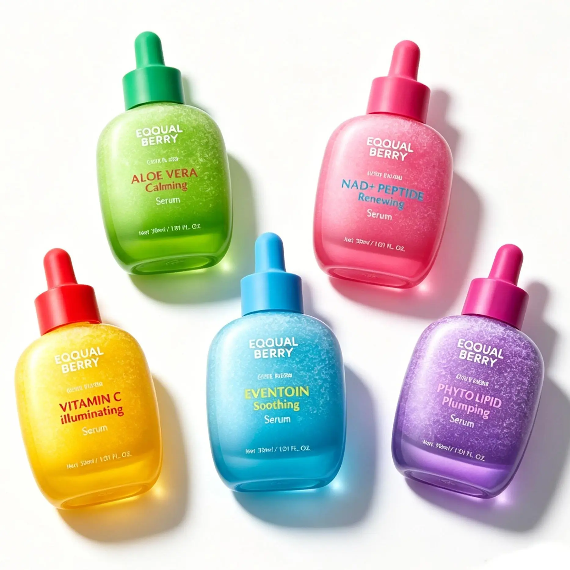 EQQUALBERRY Brightening & Moisturizing Skincare Set includes Vitamin Brightening Serum, NAD+ Peptide Revitalizing Serum, Bakuchiol Plumping Serum, Aloe Vera PDRN Soothing Serum, and Hyaluronic Acid Hydrating Serum for moisturizing and soothing care. 30ml
