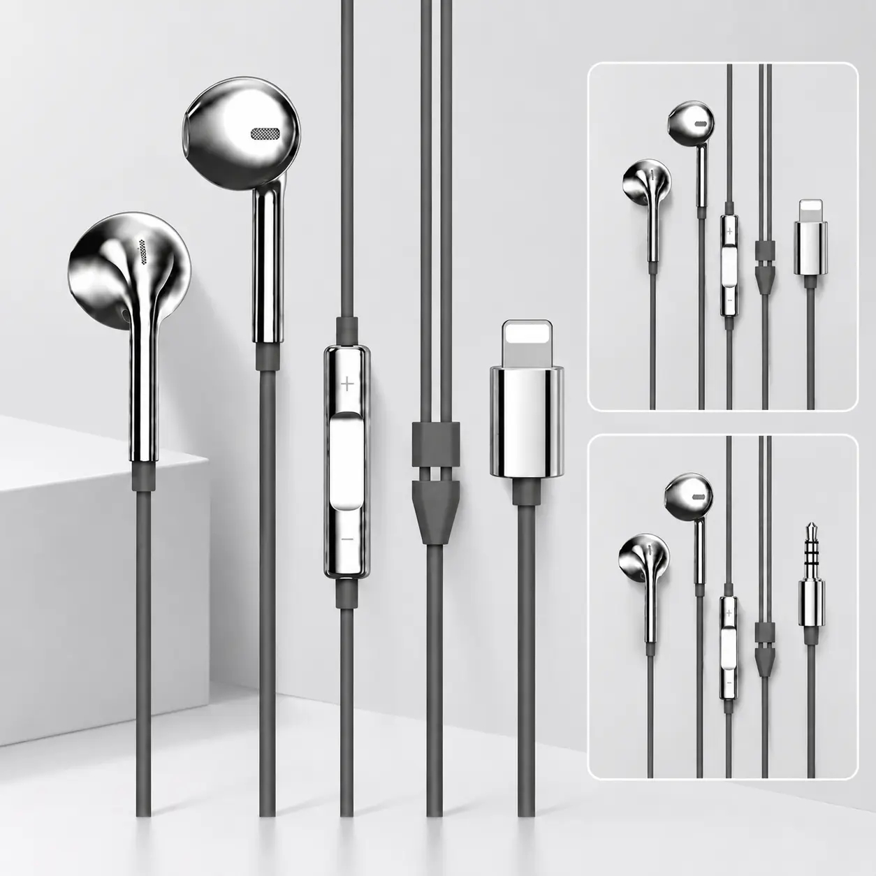 Trendy Glossy Classic Plug And Play Wired Earphones, Silver Electroplated Gloss Retro Semi‑In‑Ear Earbuds for Jack, Type‑C & Lightning Option For Smartphone Calling Listening