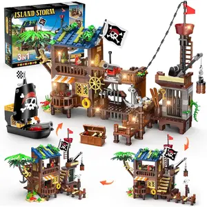 CUBIMANA Pirate Ship House Set with LED Light, 781PCS Pirate Wharf Supply Center, 3 Style Modes, STEM Building Kit for Kids 6-12+, Birthday Gift