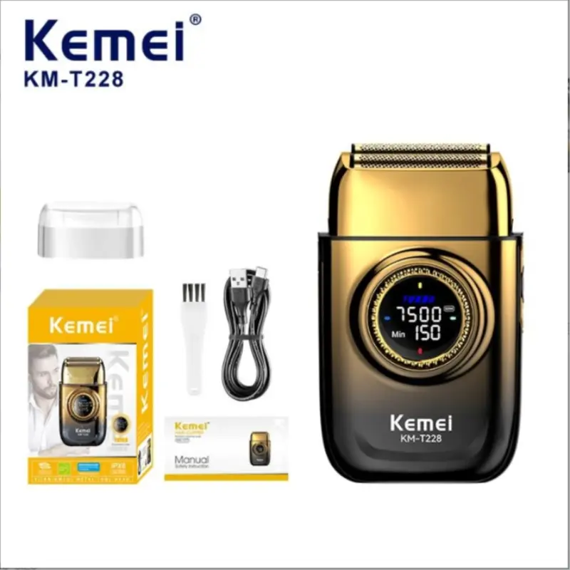 Kemei Km-T228 Men's Shaver LED Display Dual Foil Cordless Oil Head USB Professional Electric Razor, Lithium-Ion Battery, New Condition