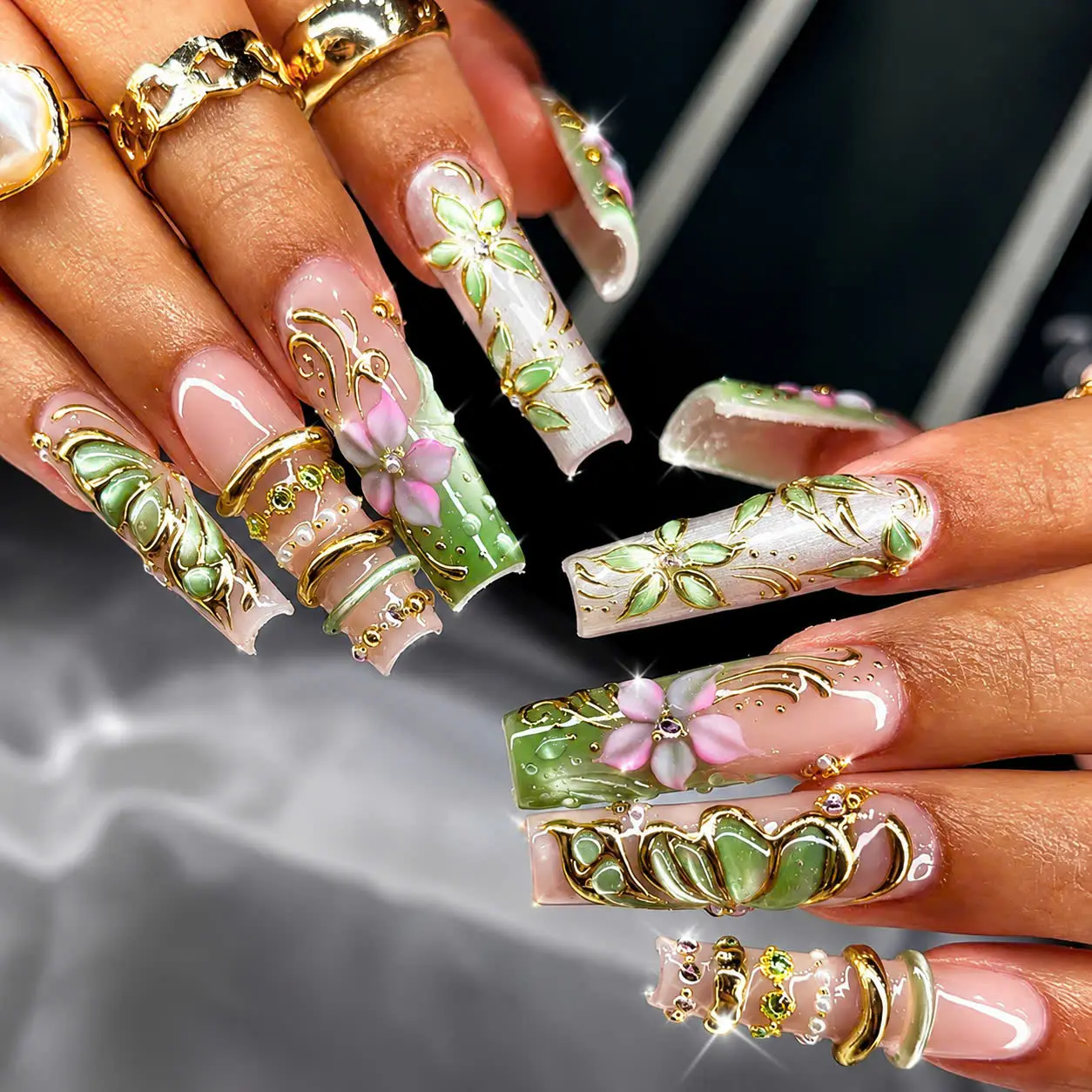 Nail by Flora Luxury Jade Blossom Press On Nails Green Gold 3D Flower Long Coffin Fake Nails Reusable