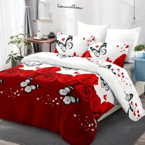 Rose & Butterfly Print Bedding Set, Including 1 Count Bedspread & Pillowcase without Filler, Soft Comfortable Bedding Set for Home Bedroom Duvet Cover Sets