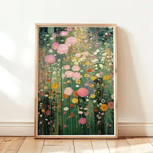 Gustav Klimt style Wildflower meadow print, abstract floral garden painting B