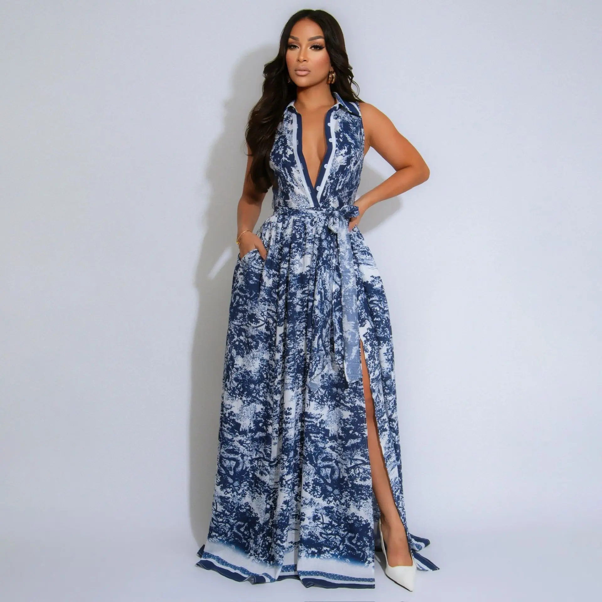 Female Multi-Size Elegant Sleeveless Boho High Slit Printed Loose-Fit Maxi Dress with Belt - XXL Sports & Outdoor Party Wear for Summer Vacation