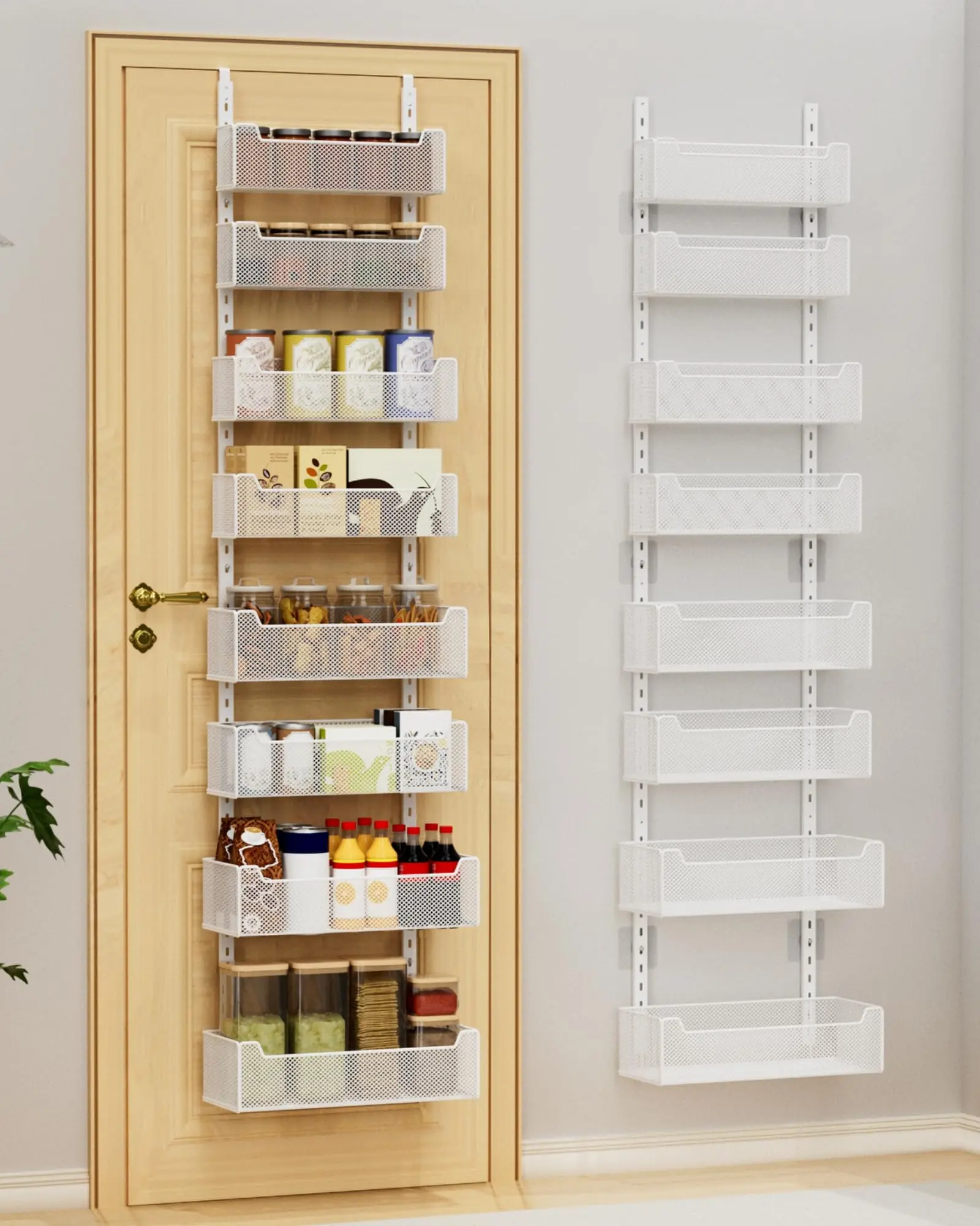 VyGrow Over-the-Door Organizer Single Unit, 8-Tier Adjustable Metal Racks with Fully Enclosed Mesh Baskets & Box, Heavy-Duty Hanging Rack with Adhesive Stickers for Kitchen/Bath, 2-in-1 Wall-Door Mount, Black/White
