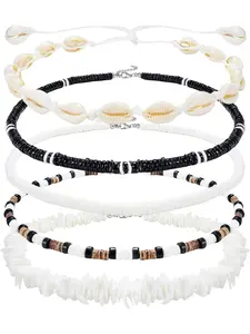 Diverse 5 Pcs Colorful Natural Necklaces Trendy Jewelry Boho Style Jewelry Puka Shell Stainless Steel Chain Necklaces for Men Women Sea Shell Necklaces Beach Necklaces Shells Choker Necklaces