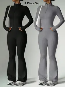 Women's Two Piece Pajama Set Stand Collar Long Sleeve Long Pants Zip Up Jacket Hip Lifting Slim Fit Flared Wide Leg Yoga Outfit Casual Comfortable Versatile Loungewear For Outdoor Vacation Gathering Luxury All Season Travel Wear for Lady