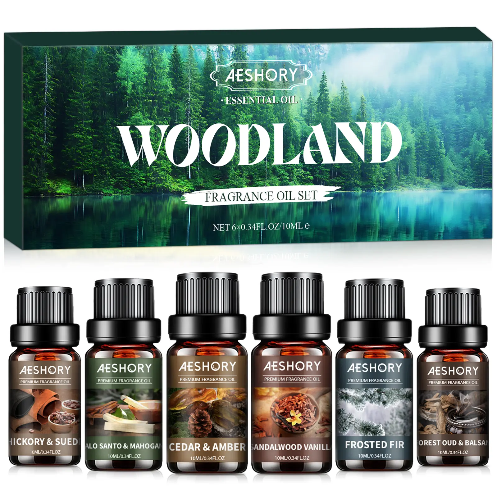 Woodland Essential Oils Set, Woody Scent Fragrance Oil Kit, Aromatherapy Oils for Diffusers (6 * 10ML), Sandalwood &Vanilla, Forested Fir,Palo Santo&Mahogany,Cedar & Amber, Oud &Balsam,Hickory&Suede Gift Bath