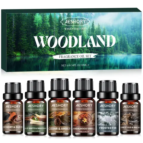 Woodland Essential Oils Set, Woody Scent Fragrance Oil Kit, Aromatherapy Oils for Diffusers (6 * 10ML), Sandalwood &Vanilla, Forested Fir,Palo Santo&Mahogany,Cedar & Amber, Oud &Balsam,Hickory&Suede Gift Bath