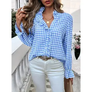 [Gingham Shirt] Women's Stylish Long Sleeve Gingham Button-Shirt - Light Blue & White Checkered Pattern, Ruffle Detail, Professional Business Look, Machine Washable Cute Fabric