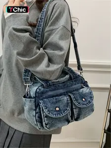 Retro Japanese washed denim handbag Casual multi-pocket y2k lazy style handbag texture outing commuting campus shoulder messenger bag Zipper closure Commuter Crossbody Bag, Denim Crossbody Bags Suitable for commuting, shopping