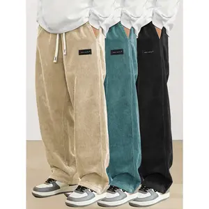 Men's corduroy drawstring wide leg casual pants Loose hanging multi pocket straight leg sweatpants Breathable and skin friendly high waist slimming casual sports pants