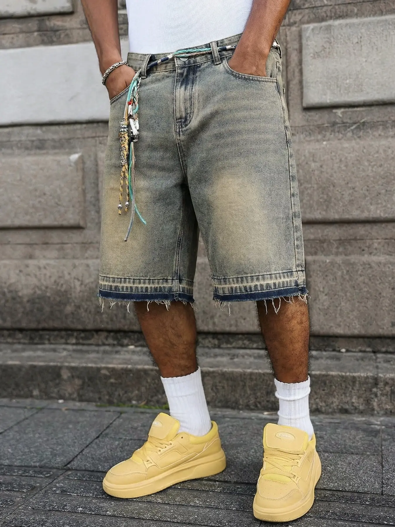 Men's Retro Vintage Streetwear Stone Washed Textured Loose Wide-Leg Plain Denim Jeans Shorts, Distressed, Casual Summer Jeans Shorts, Featuring a mud yellow gradient stone wash design, original frayed hem edges, and comfortable fabric, suitable for party