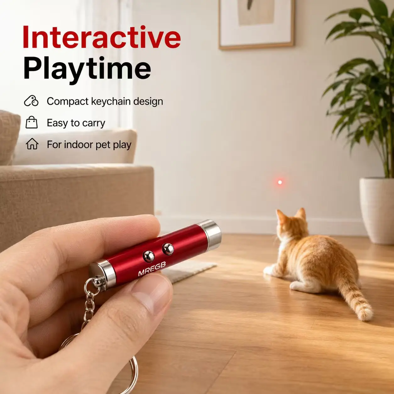MREGB Silver Metallic LED Interactive Cat Toy Laser Pointer, 2-in-1 Infrared & LED Flashlight Pet Exerciser, Durable & Easy to Handle Lightweight Materials Compact Key Ring Teaser Chaser for Indoor Play Cats, Includes 3 AG3 Batteries, Promotes Health & Ex
