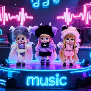 【3】Plush Fluffy Electric Music Elf Posable Doll Keychain - Bunny & Cute Bear Dress-Up, Hand-Sized/Sculptural/Miniature Doll Ornaments, Neon Style Art Toy Bag Pendant, Collectible for Ages 14+ (Not Kid-Suitable), Hand-Sized Doll Ornaments, Sculptural Dol